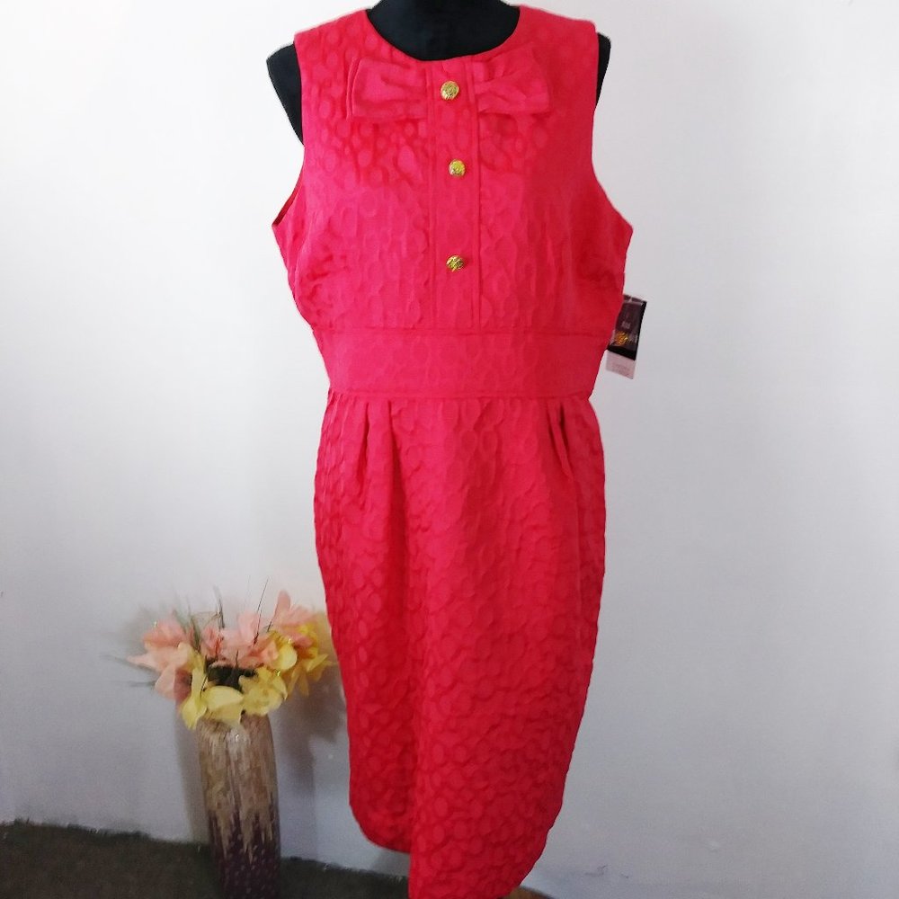 Sandra Darren Hot Pink Textured Midi Dress with Bow and Gold Buttons